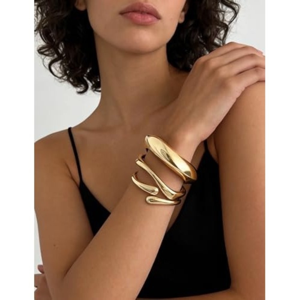 Gold Bangle Bracelet Set 3 Piece Sculptural Chunky Hinged Cuff Gold Tone Jewelry
